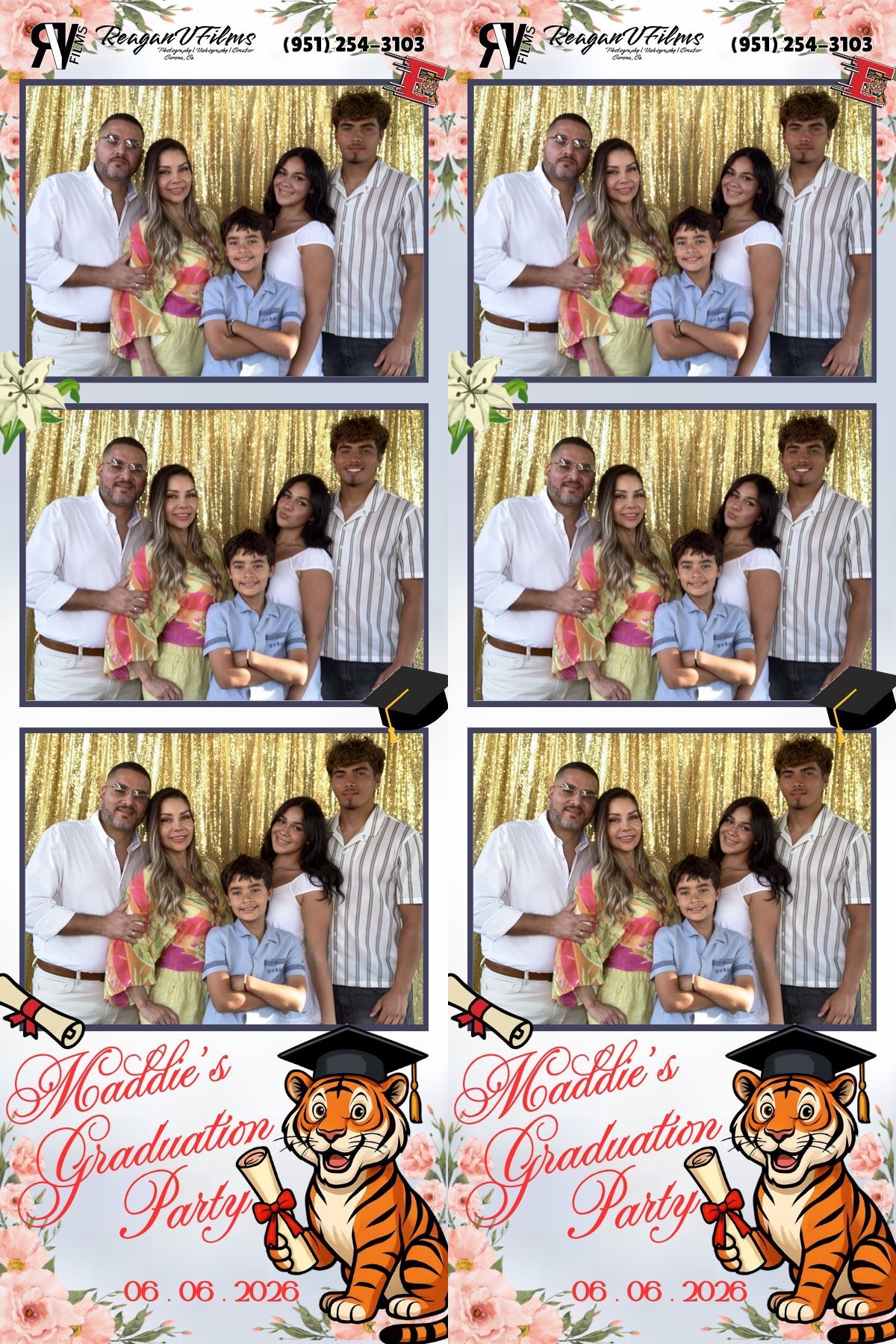 Group of friends posing closely together at a party backdrop, making playful faces and peace signs