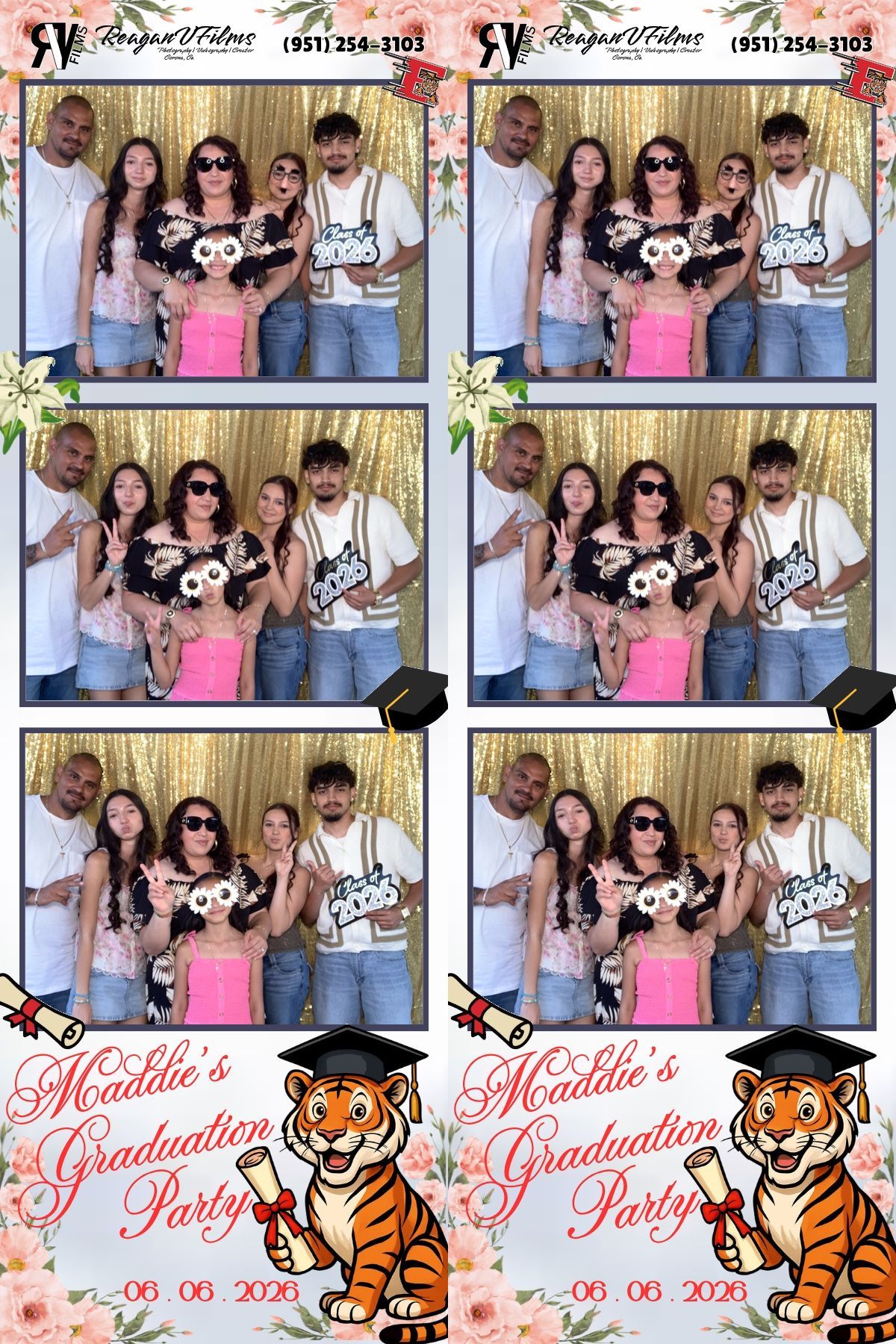 Group of friends posing closely together at a party backdrop, making playful faces and peace signs