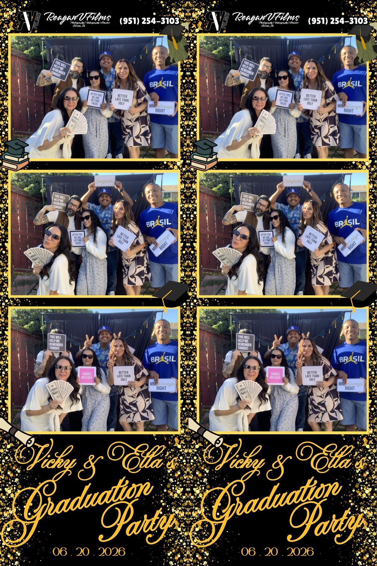 Group of friends posing closely together at a party backdrop, making playful faces and peace signs