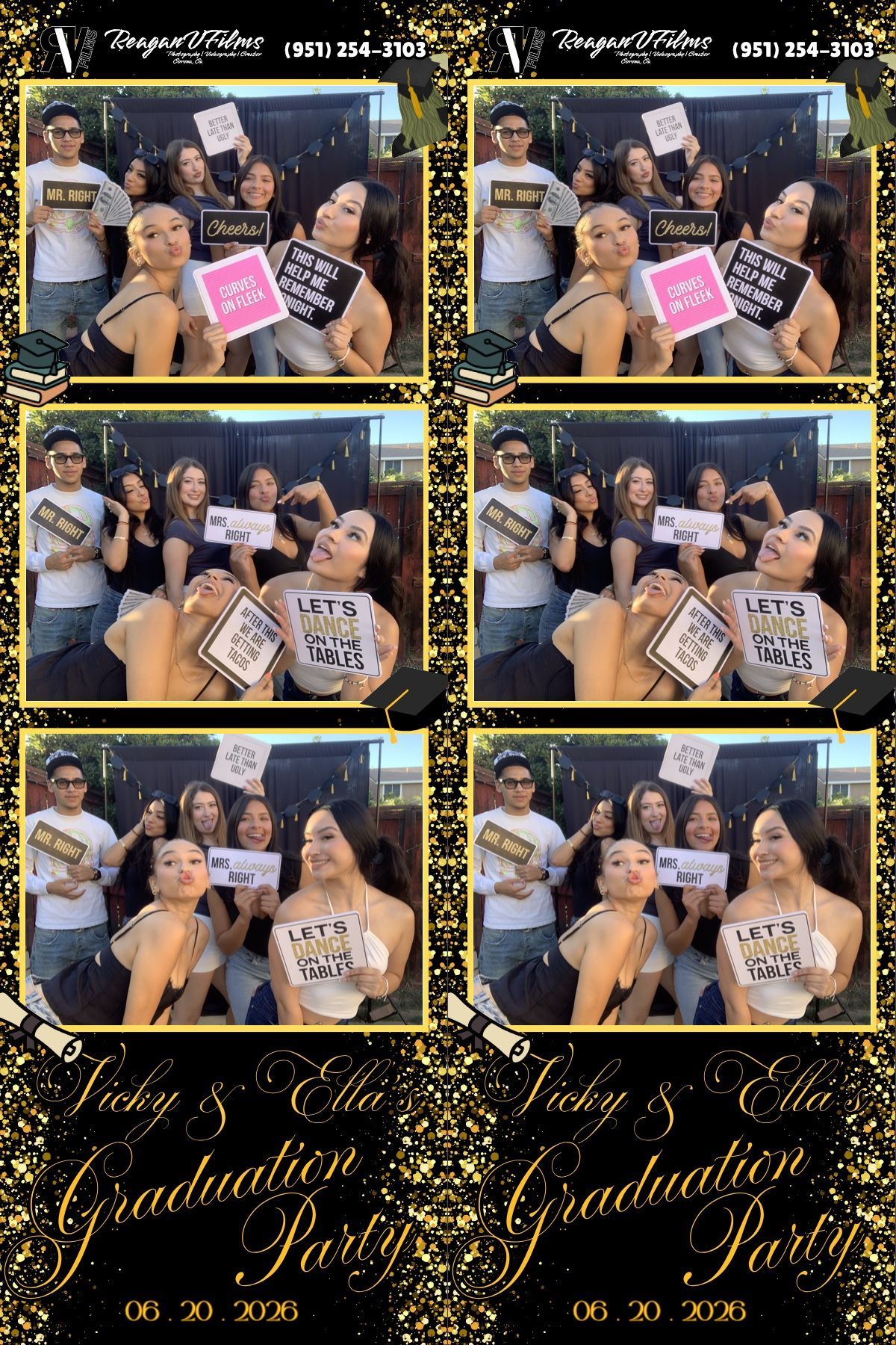 Group of friends posing closely together at a party backdrop, making playful faces and peace signs
