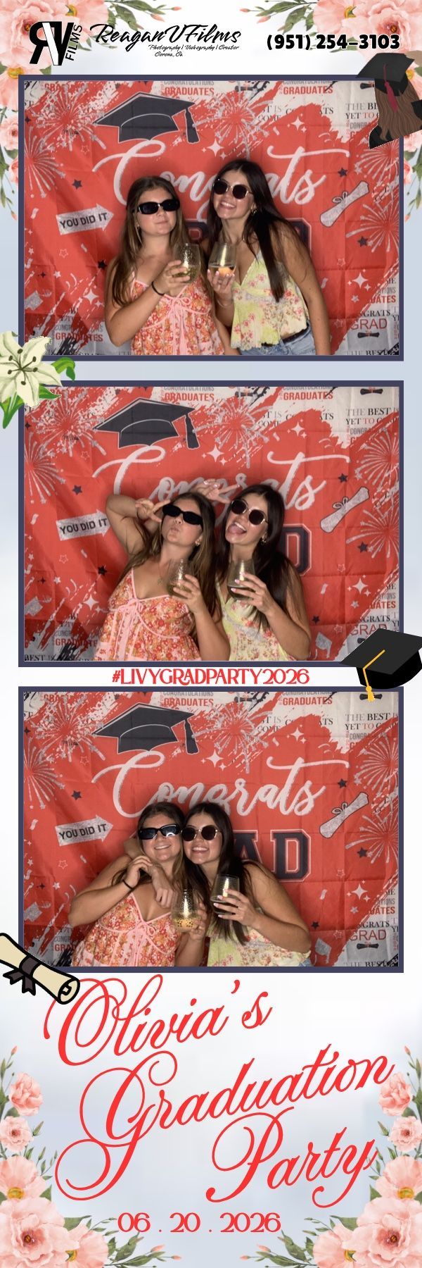 Group of friends posing closely together at a party backdrop, making playful faces and peace signs