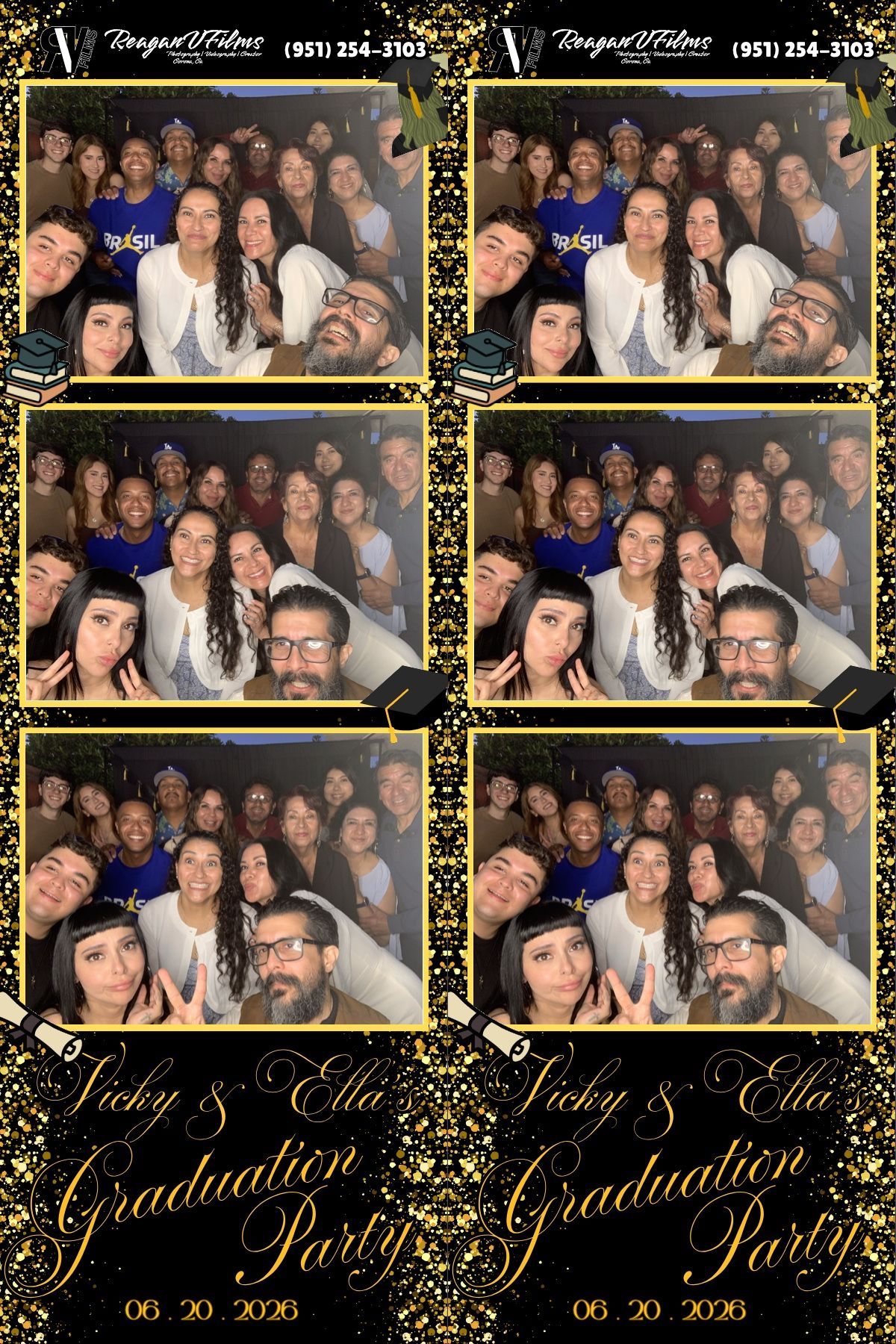 Group of friends posing closely together at a party backdrop, making playful faces and peace signs