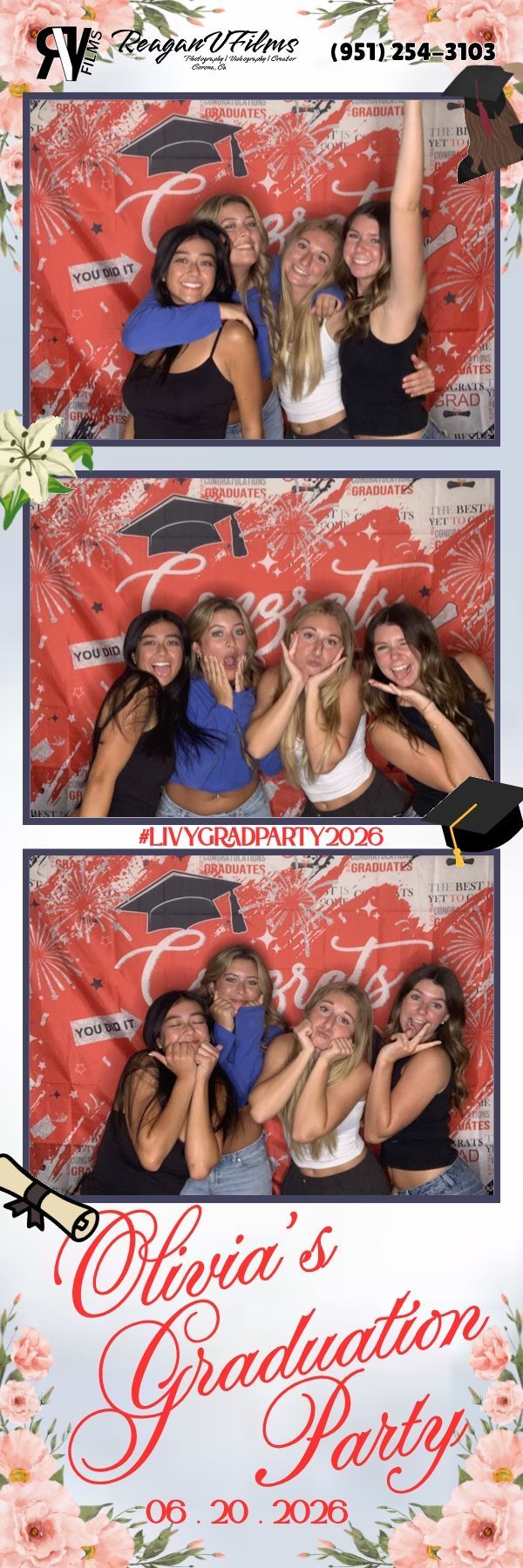 Group of friends posing closely together at a party backdrop, making playful faces and peace signs