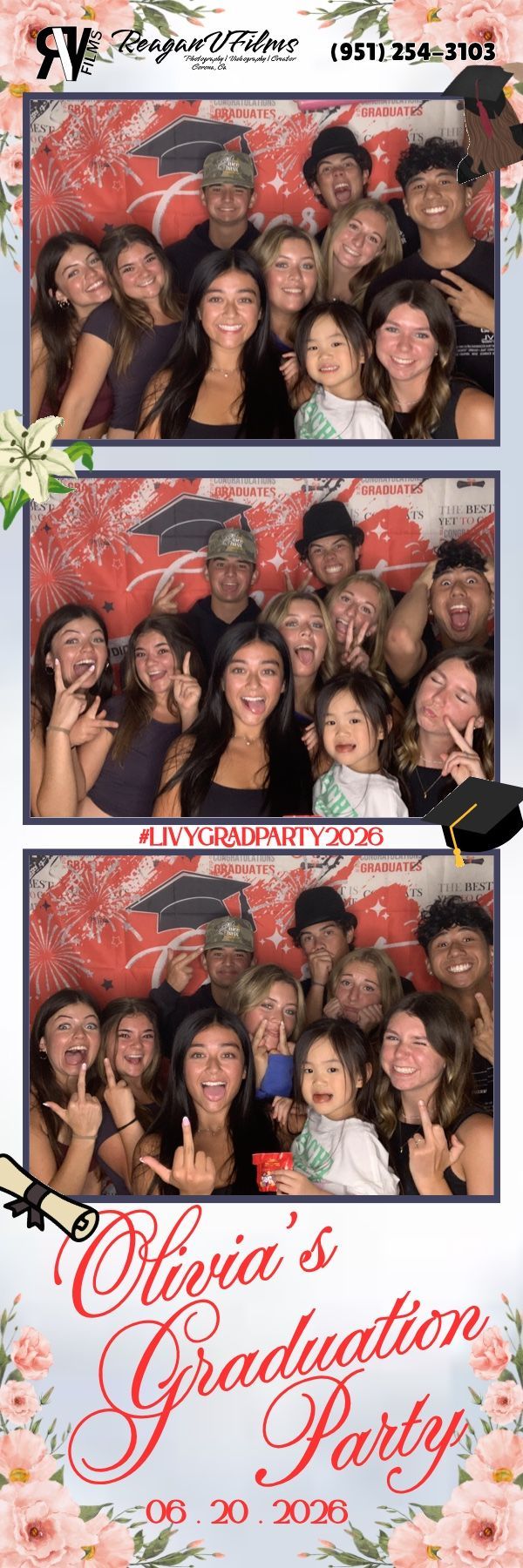 Group of friends posing closely together at a party backdrop, making playful faces and peace signs