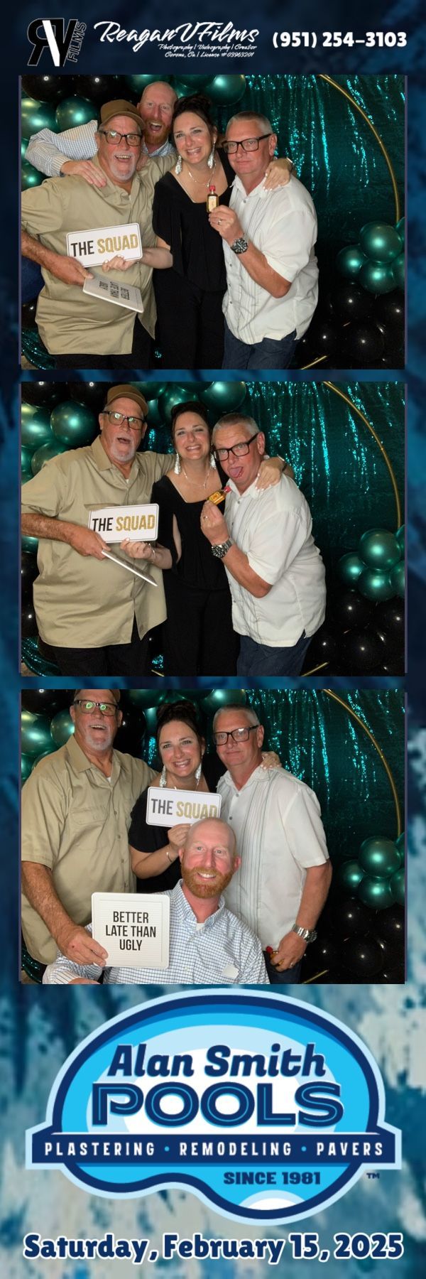 Photo booth strip: Three women posing in front of a silver backdrop. They are making silly faces, and peace signs.