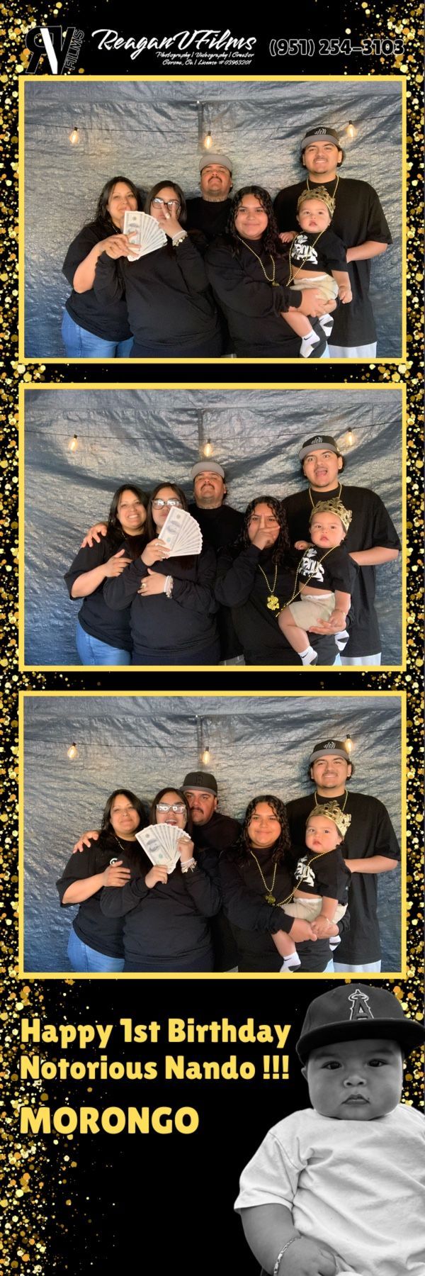 Photo booth strip: five women posing with peace signs and smiling.