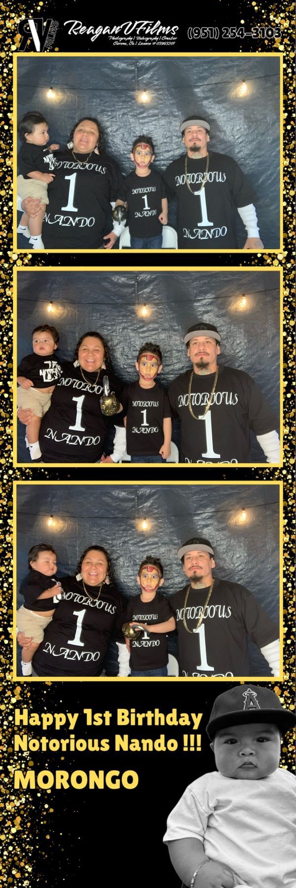 Photo booth strip: Three women posing in front of a silver backdrop. They are making silly faces, and peace signs.