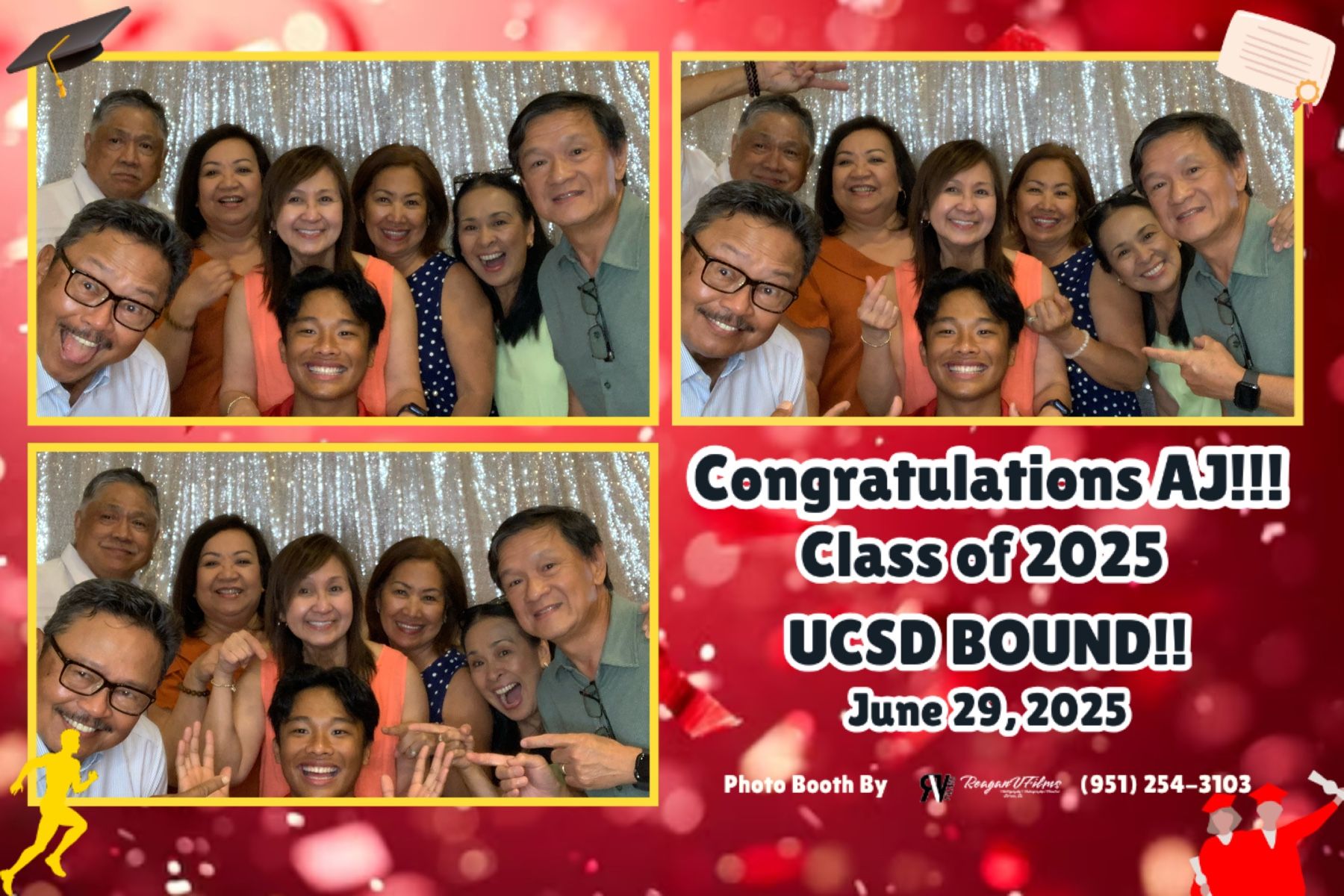 Photo booth collage: Danny Jorda's 70th birthday. Group poses with props in front of a gold backdrop.