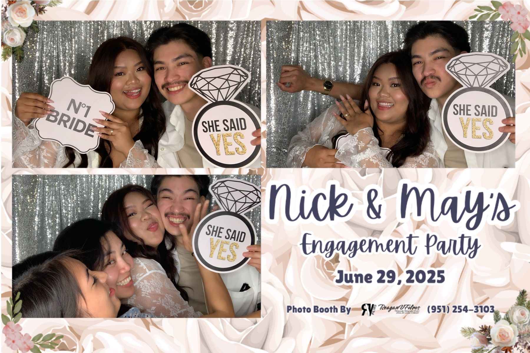Photo booth collage: Danny Jorda's 70th birthday. Group poses with props in front of a gold backdrop.