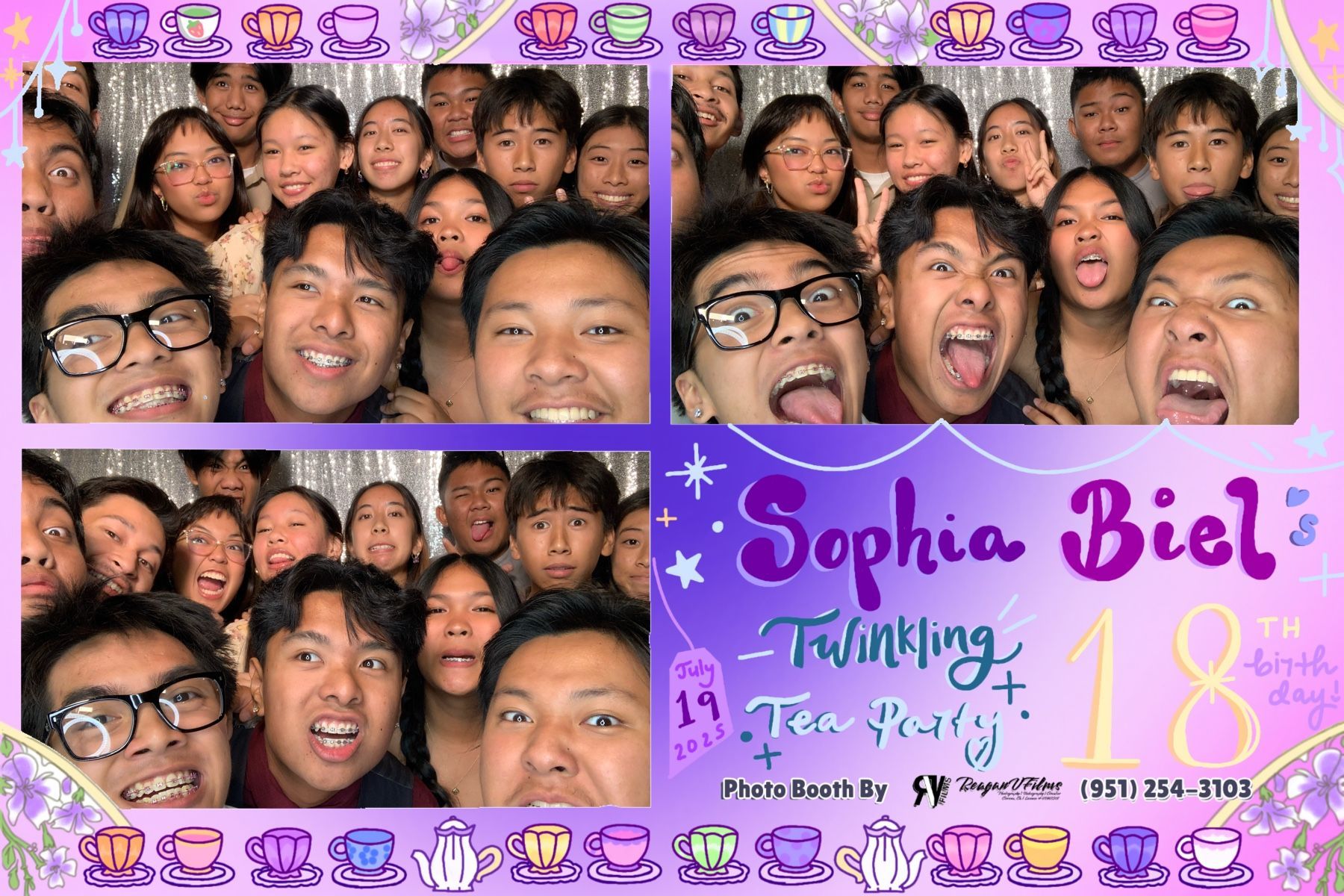 Photo booth collage: Danny Jorda's 70th birthday. Group poses with props in front of a gold backdrop.