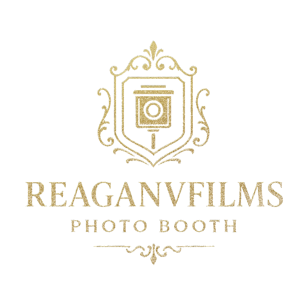Gold ornate ReaganvFilms Photo Booth logo on a white background