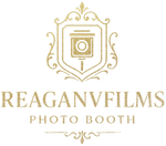 Gold REAGANVFILMS Photo Booth logo with ornate camera emblem on white background