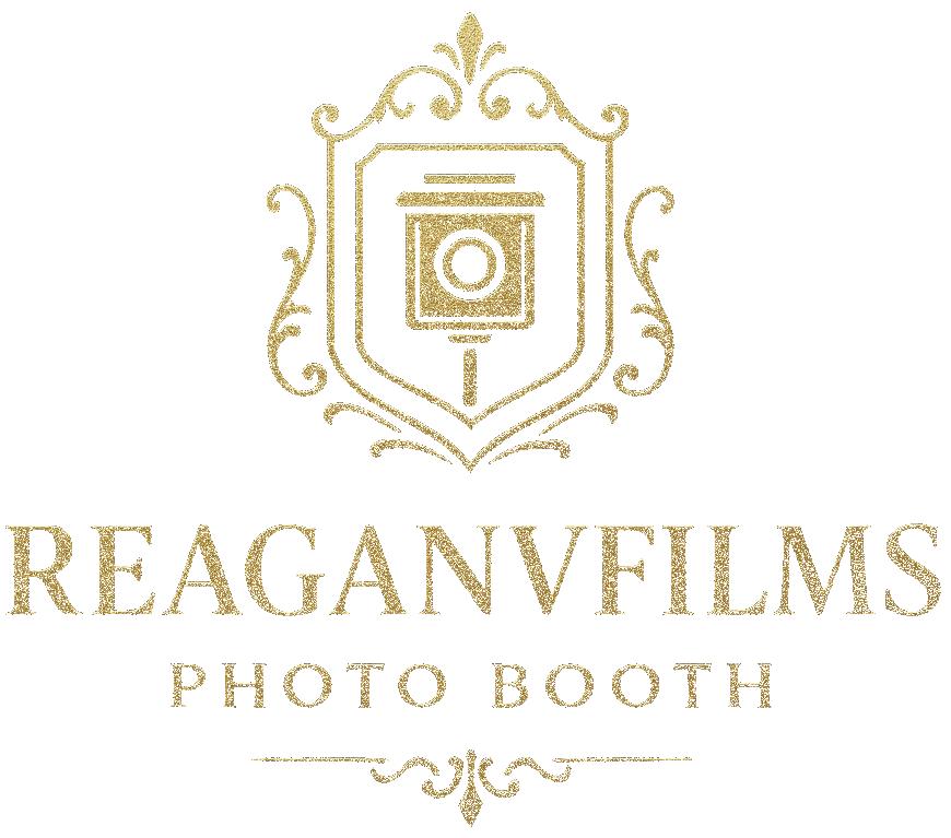 Gold REAGANVFILMS Photo Booth logo with ornate camera emblem on white background