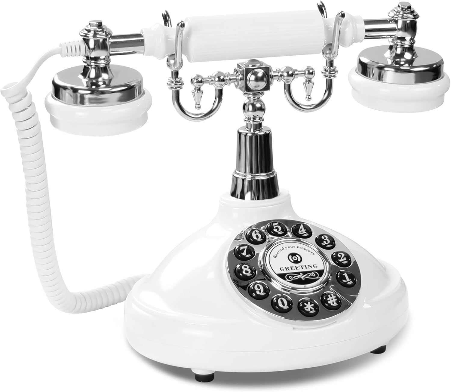 Vintage white rotary dial telephone with chrome accents and coiled cord