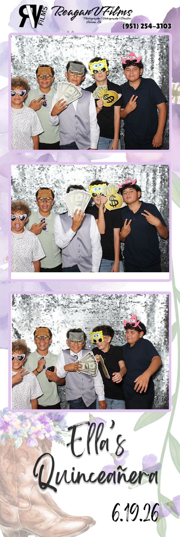 Group of friends posing closely together at a party backdrop, making playful faces and peace signs