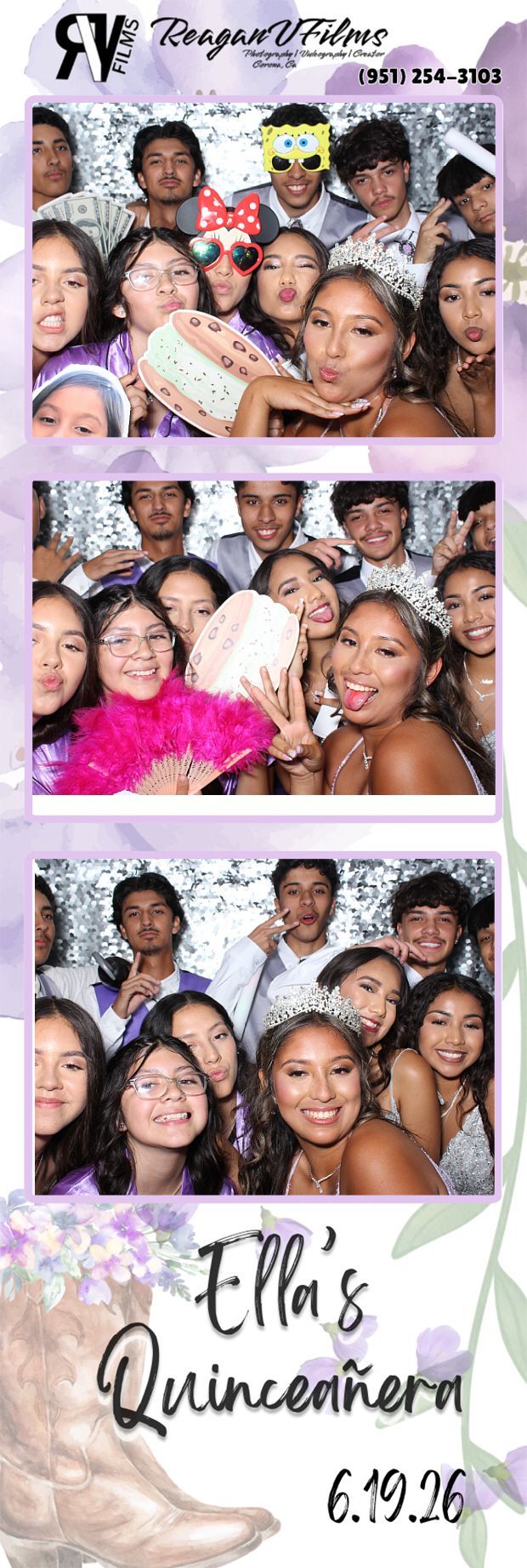 Group of friends posing closely together at a party backdrop, making playful faces and peace signs