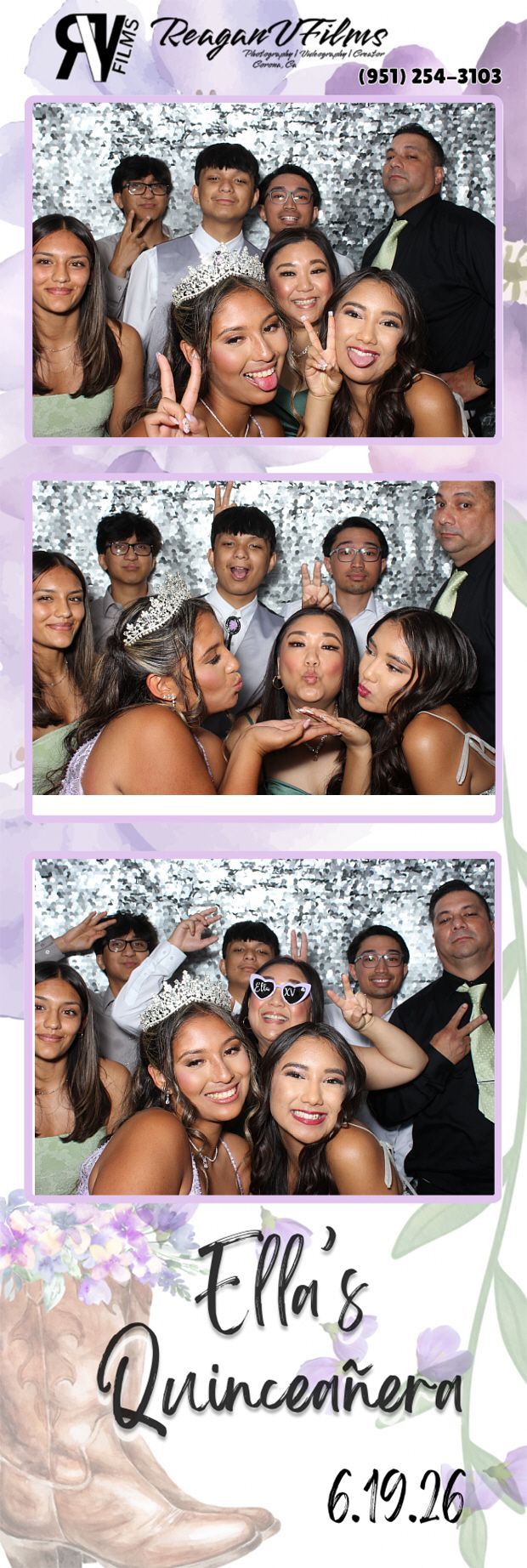 Group of friends posing closely together at a party backdrop, making playful faces and peace signs