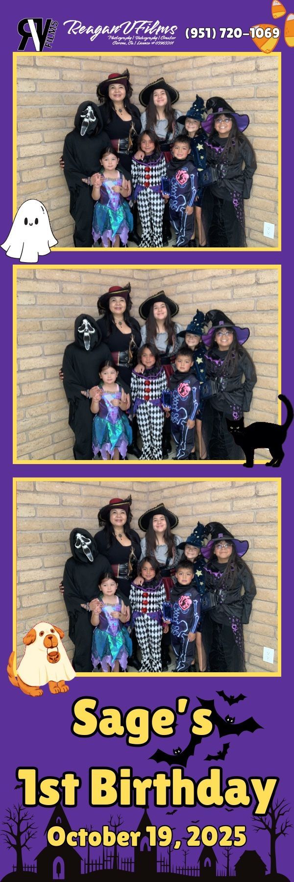 Photo booth strip: five women posing with peace signs and smiling. 
