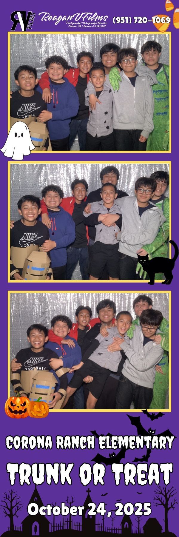 Photobooth strips from Corona Ranch Elementary Trunk or Treat with kids, jack-o'-lanterns, and a ghost. Date: October 24, 2025.