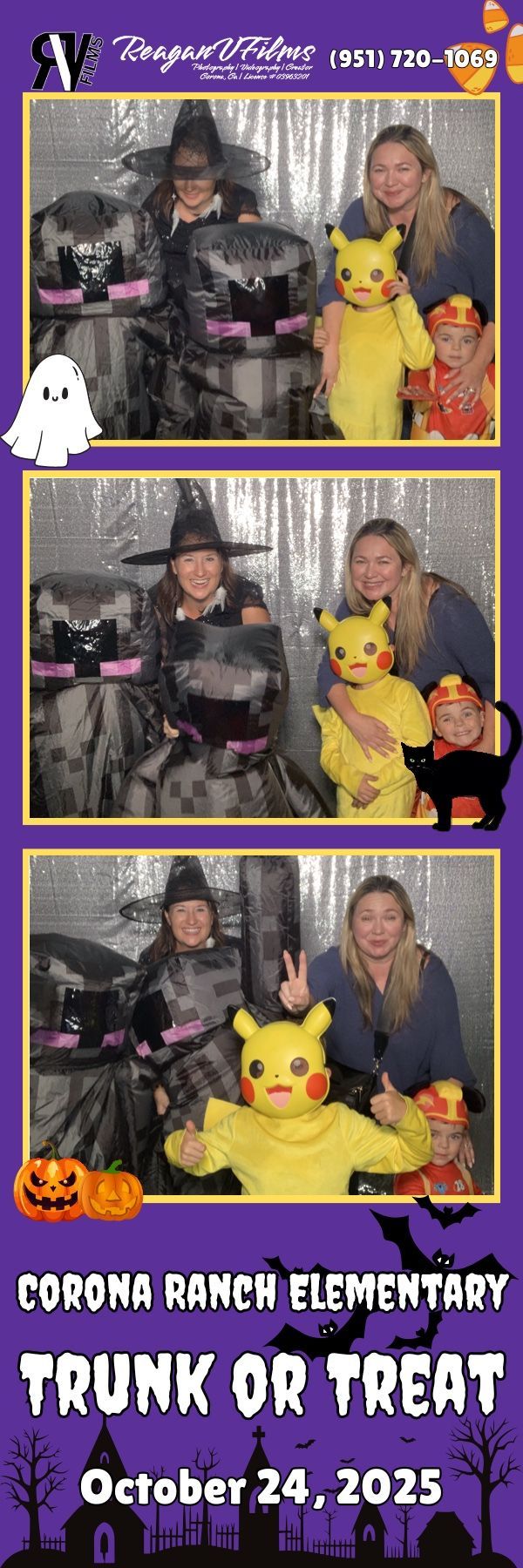 Halloween photo strip: People in costumes, a Pikachu, and a witch posing.