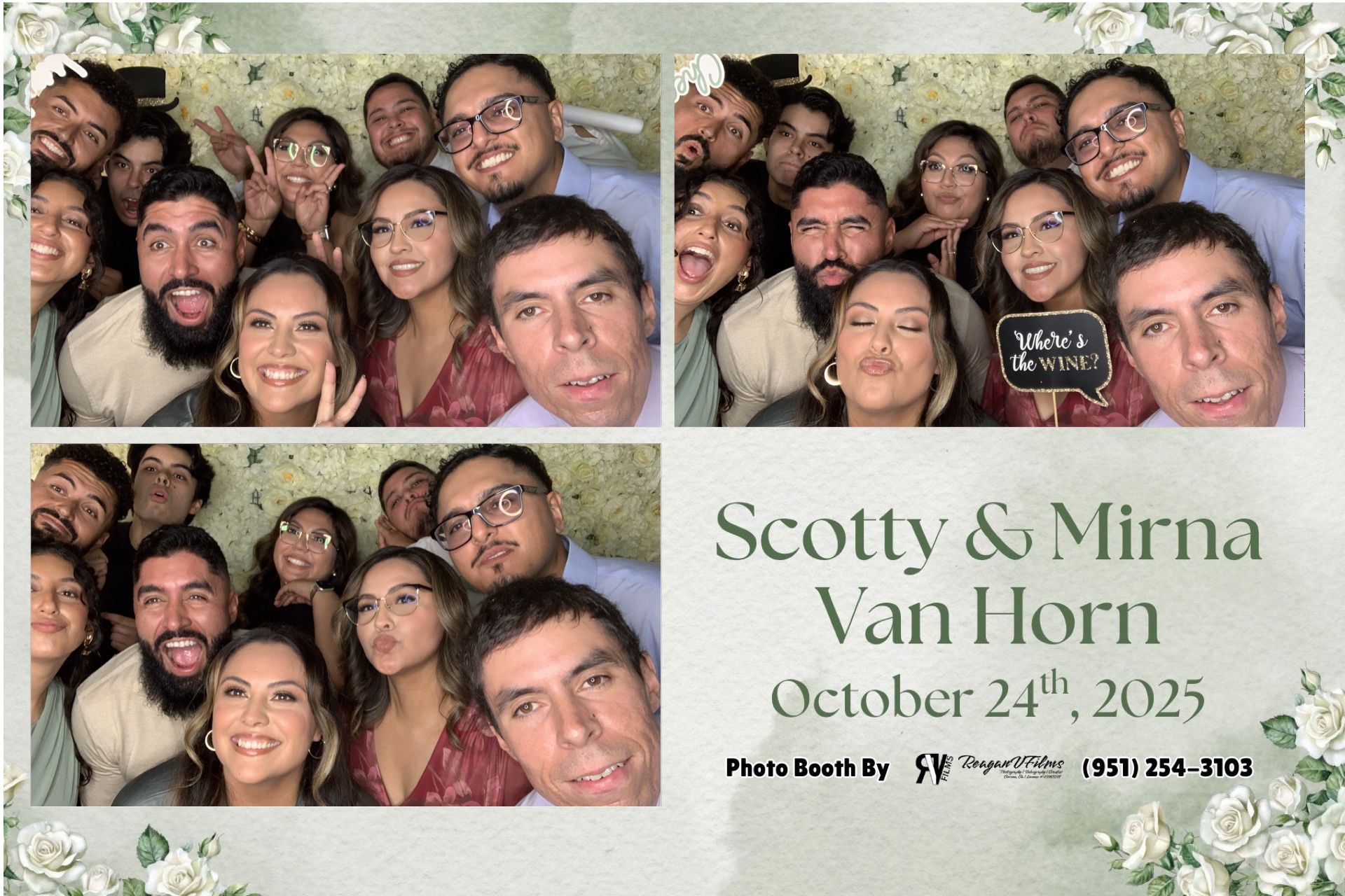 Photo booth collage: Danny Jorda's 70th birthday. Group poses with props in front of a gold backdrop.