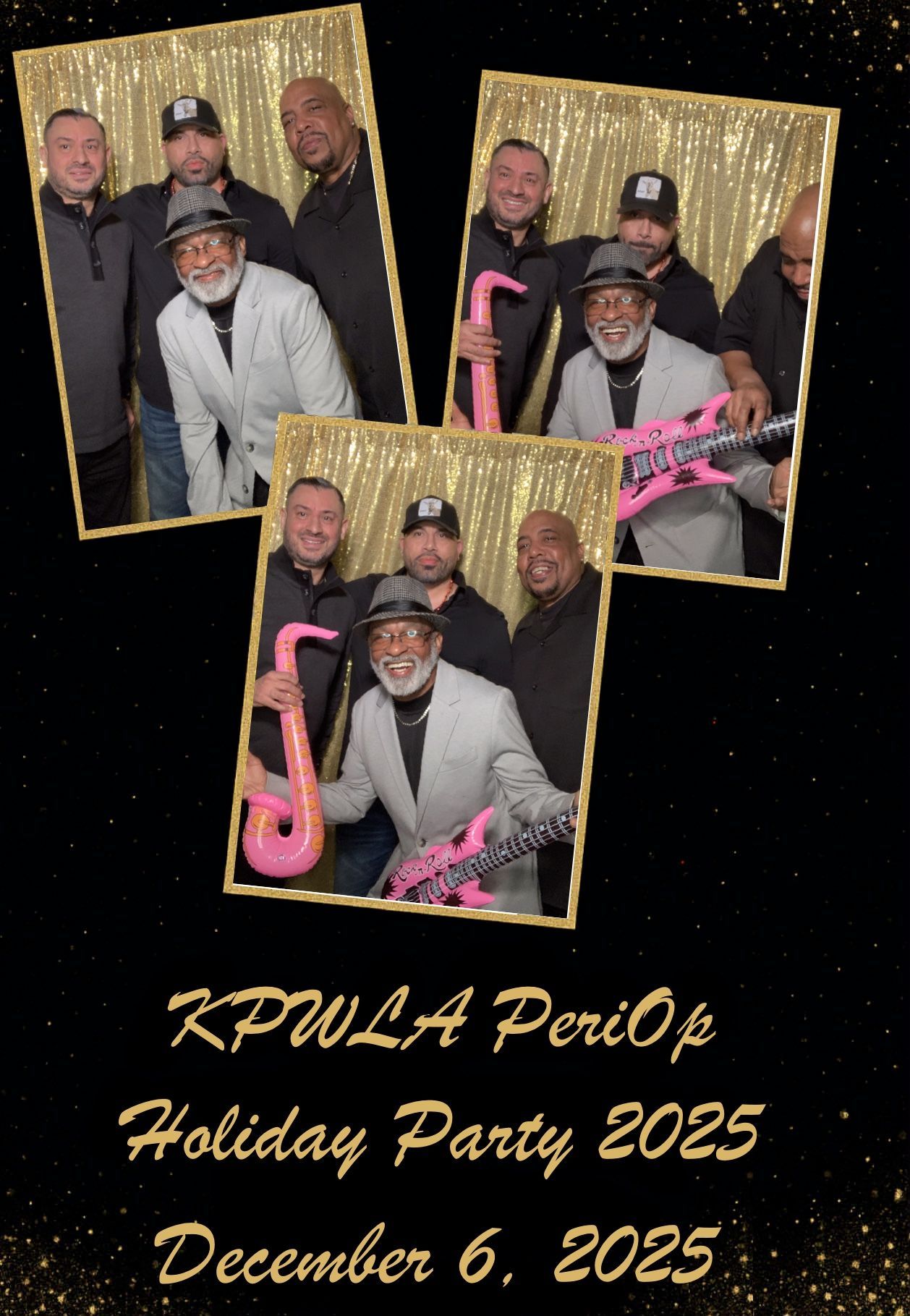 Photo booth collage: Danny Jorda's 70th birthday. Group poses with props in front of a gold backdrop.