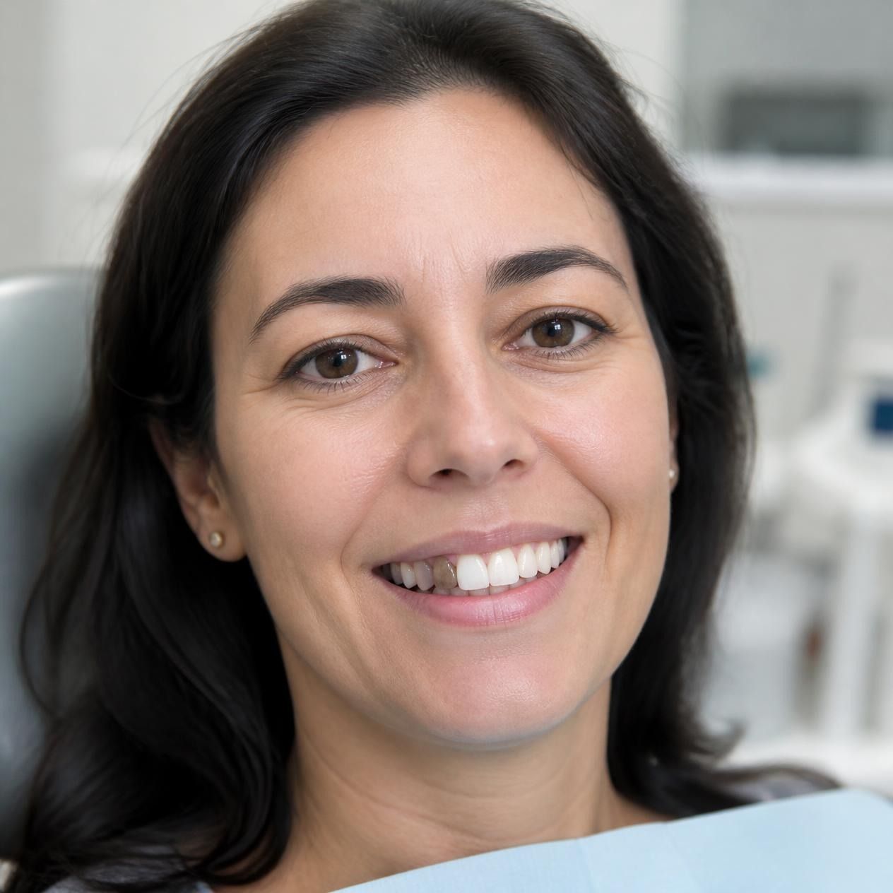 Smiling person with dark hair in a light office setting