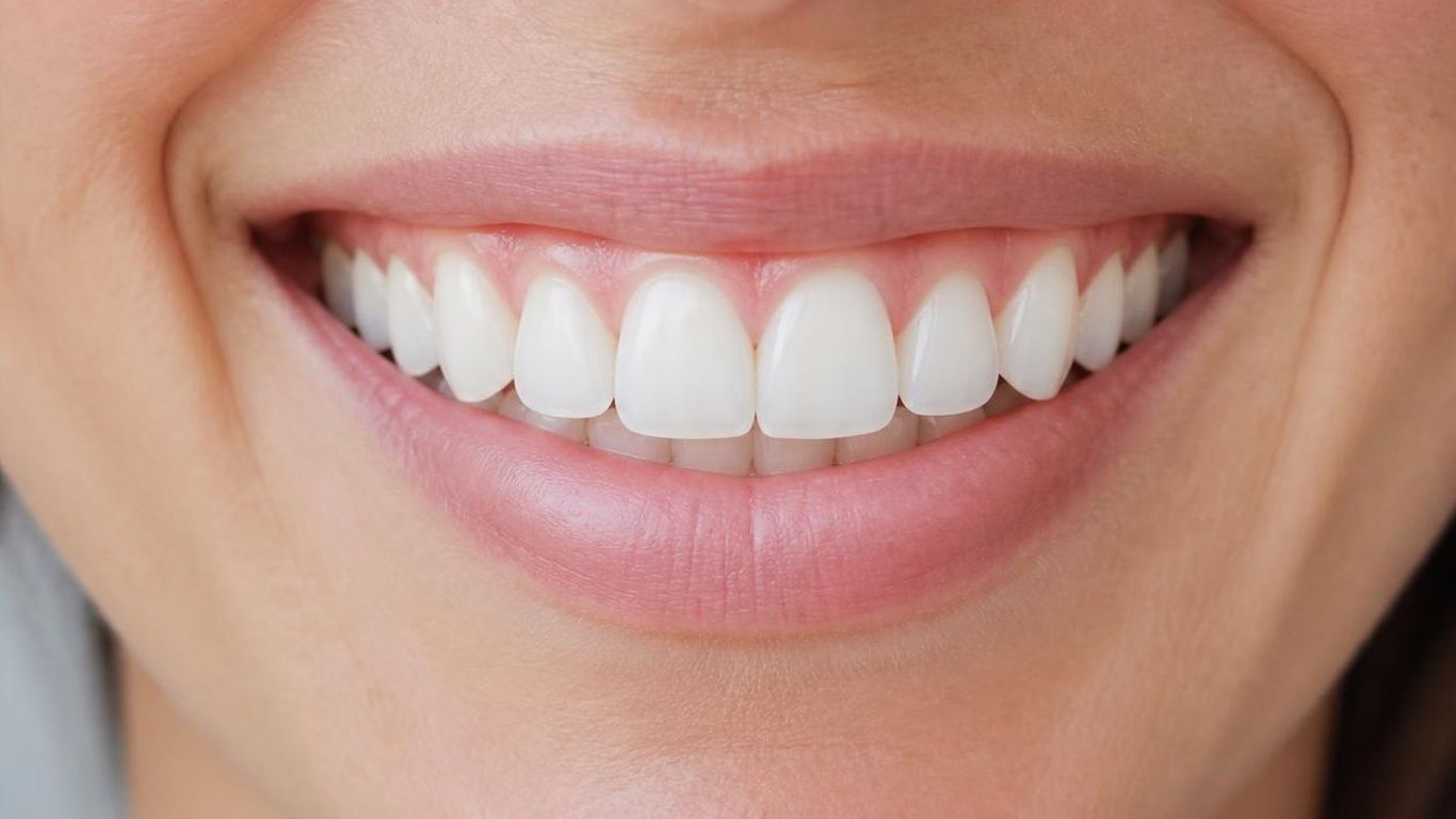 Close-up of a smiling mouth showing bright white teeth and pink lips