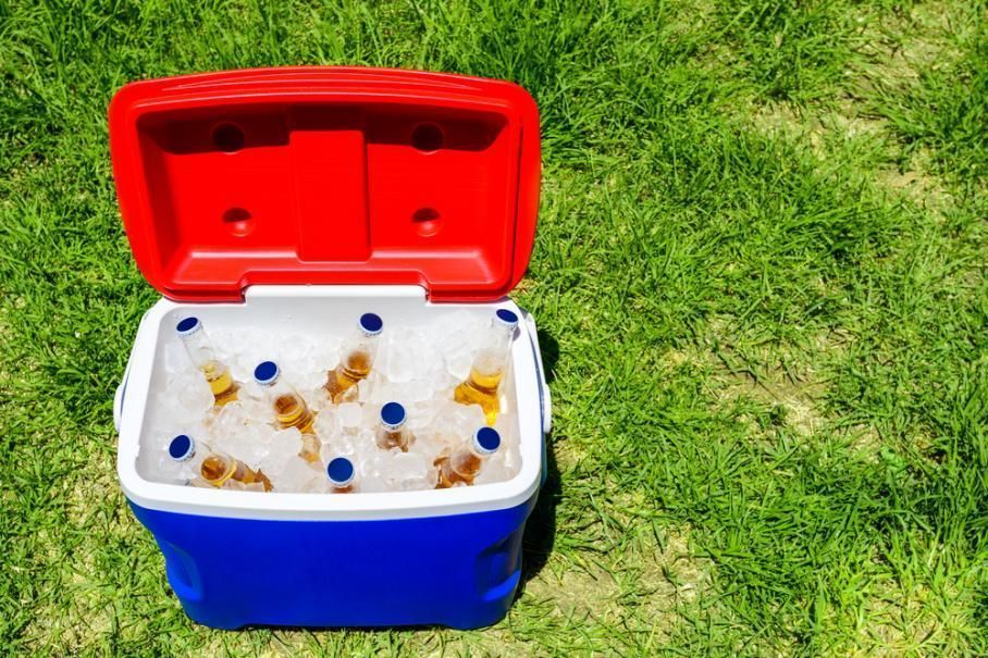 A Blue and Red Cooler Filled With Ice and Bottles, Sitting on Green Grass — Cool Blue Ice & Water in Murrurundi, NSW