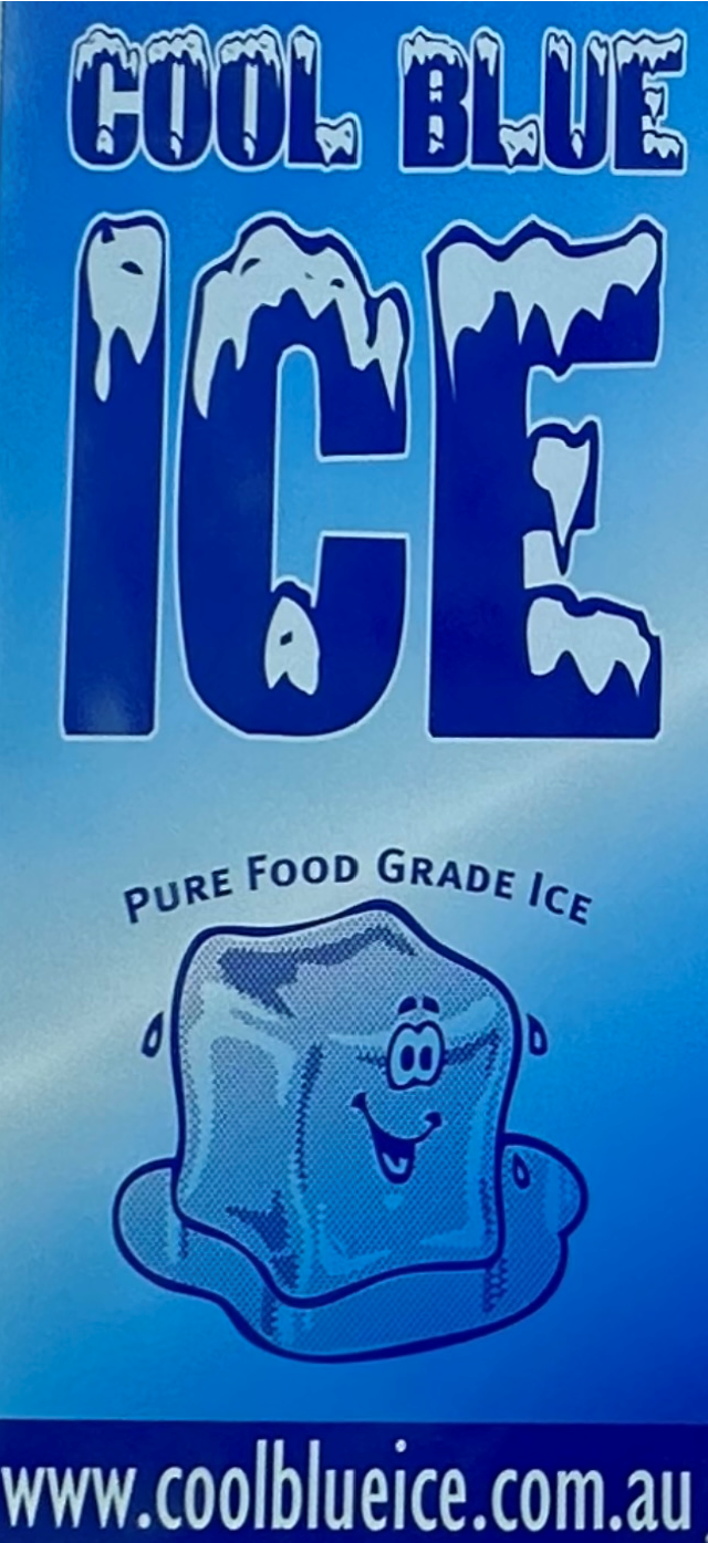 Vertical Sign for Cool Blue Ice Featuring a Cartoon Ice Cube — Cool Blue Ice & Water in Taminda, NSW