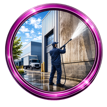 Worker pressure-washing a warehouse wall beside a truck on a sunny industrial lot