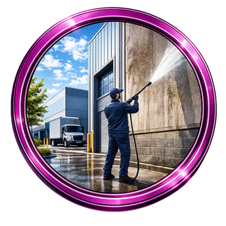 Worker power-washing an industrial wall beside a truck, framed by a purple circular border