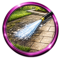Garden hose spraying water on a stone patio, framed by a purple circular border