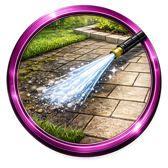 Black hose spraying water on a stone patio beside grass, framed by a purple circular border