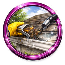 Gutter cleaning with gloved hand, vacuum nozzle, and debris on a house roof under a blue sky, framed in purple