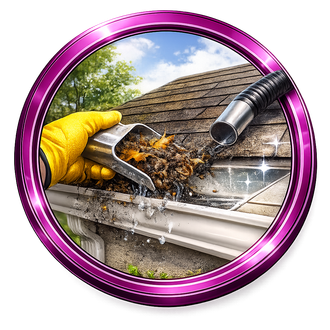 Gloved hand repairing damaged roof shingles with a power tool in a purple circular frame