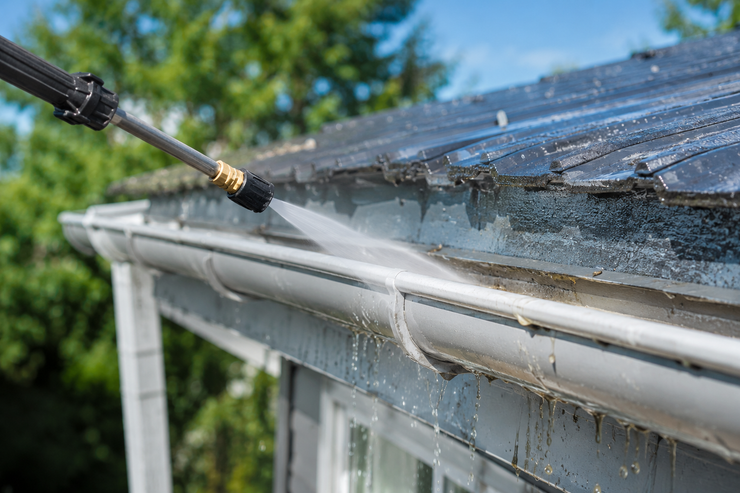 Pressure washer cleaning a house gutter and roof edge with water spray