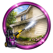 Pressure washer cleaning beige house siding with bright spray, framed in a purple circular border