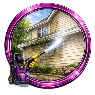 Pressure washer cleaning beige house siding with water spray and a pink border logo.