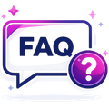 FAQ speech bubble with a purple question mark icon and sparkles