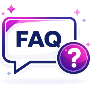 FAQ speech bubble with a purple question mark icon and sparkles
