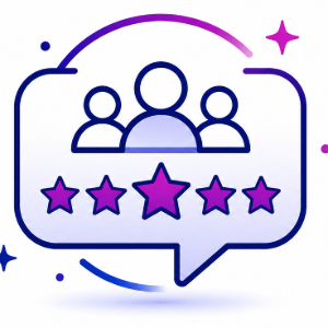Group rating icon in blue and purple chat bubble with five stars underneath