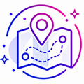 Stylized purple and blue map with location pin and dotted route icons