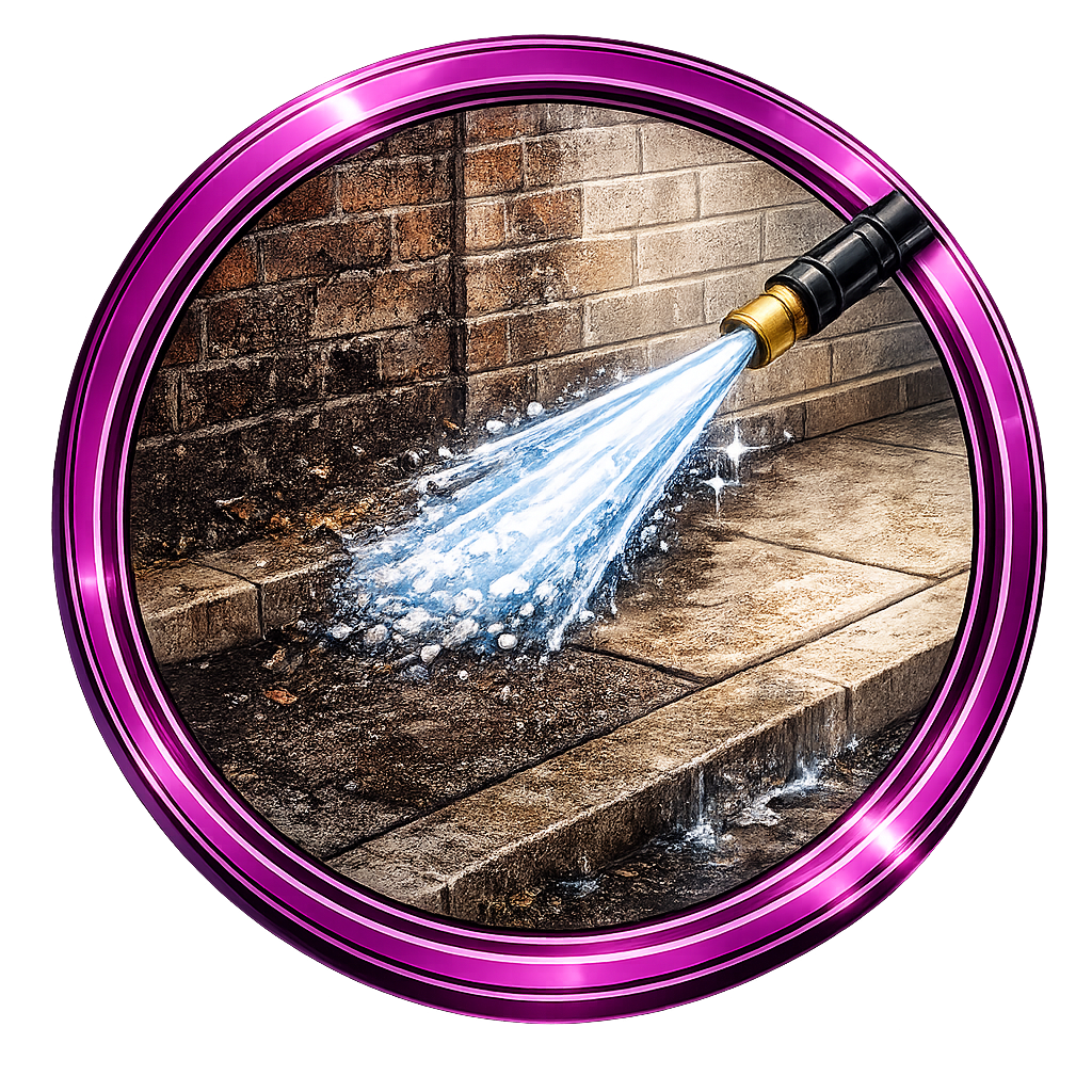 Pressure washer spraying water on a brick wall and pavement inside a purple circular frame