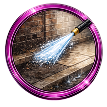 Pressure washer spraying water on a brick patio, framed by a purple circular border