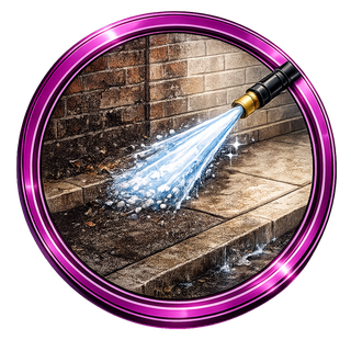 Pressure washer spraying water on a brick wall and pavement inside a purple circular frame