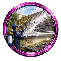 Worker pressure-washes a stone roof, framed in a glossy purple circular border.