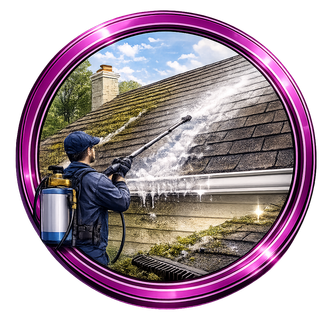 Worker power-washing a stone wall with a backpack sprayer, framed by a purple circular border.