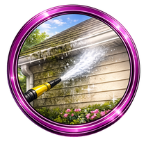Pressure washer spraying a house exterior in a purple circular frame