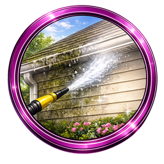 Pressure washer spraying a house exterior, framed by a shiny purple circular border
